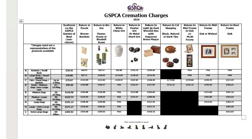 GSPCA Cremation Costs 2024